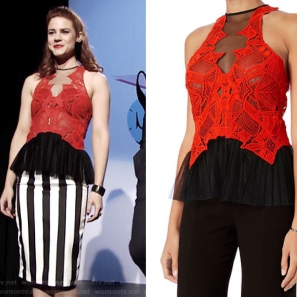 INTERMIX JONATHON SIMKHAI BLACK RED LACE TULLE PEPLUM FITTED TOP SIZE 2 NWT - Picture 11 of 13